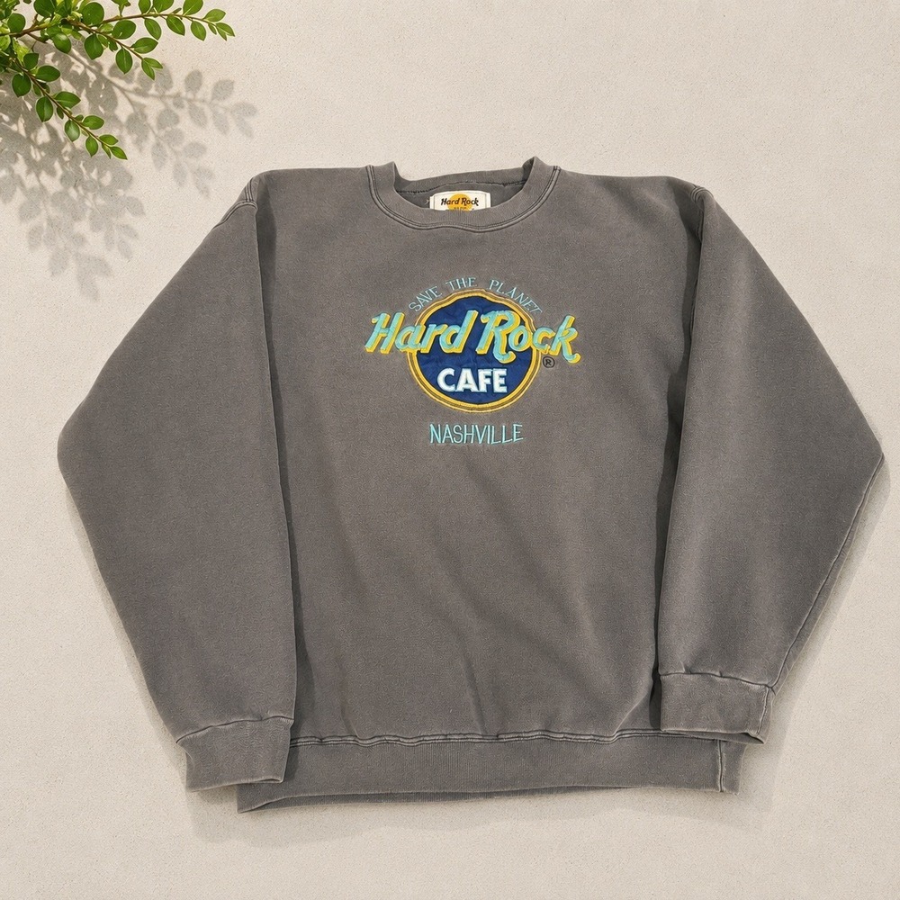 VTG 90s Hard Rock Cafe Nashville Crewneck Sweatshirt Save the Planet Black Faded